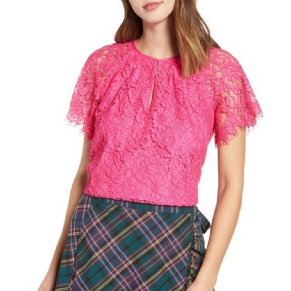 J Crew short sleeve hot‎ pink lace blouse top